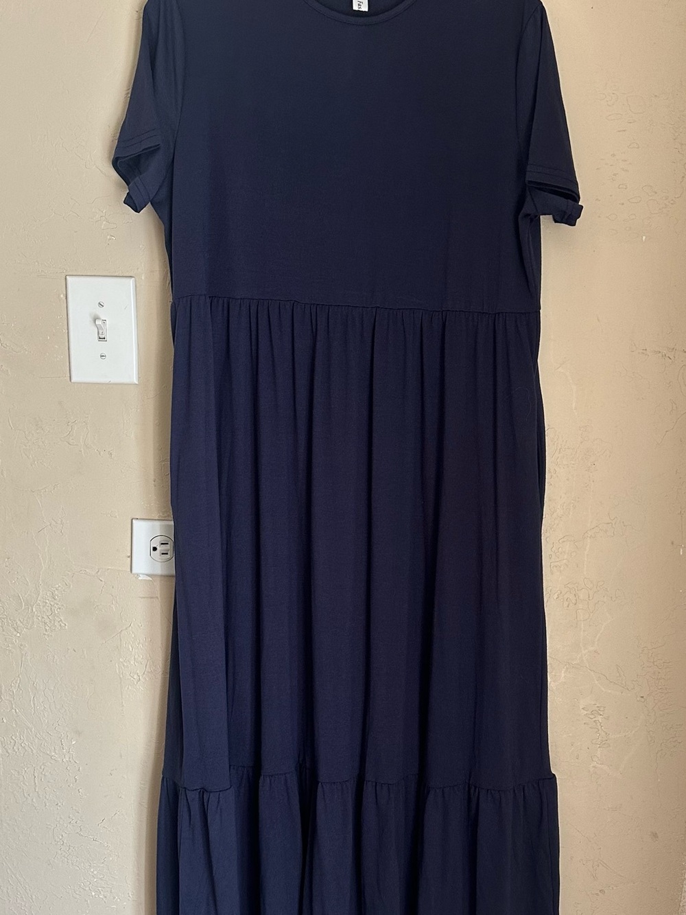 Amazon Navy Blue Short-Sleeve Tiered Maxi Dress Pockets Ruffled Hem